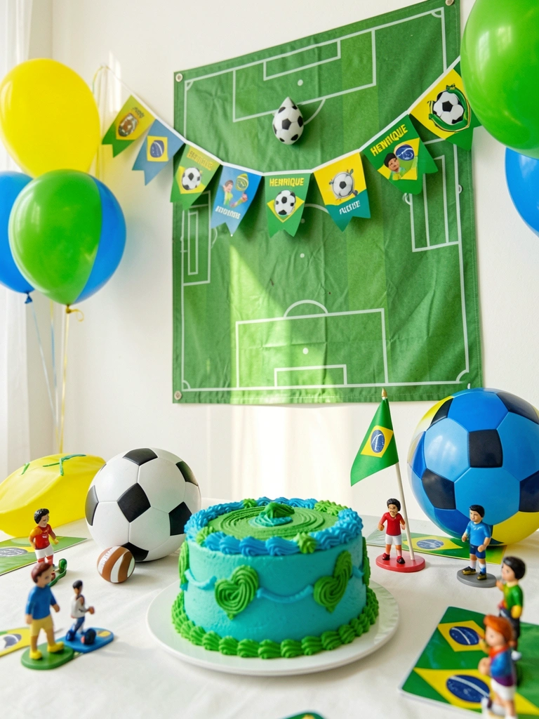 Bolo com glacê verde e azul, bola de futebol e bandeirolas com nome 