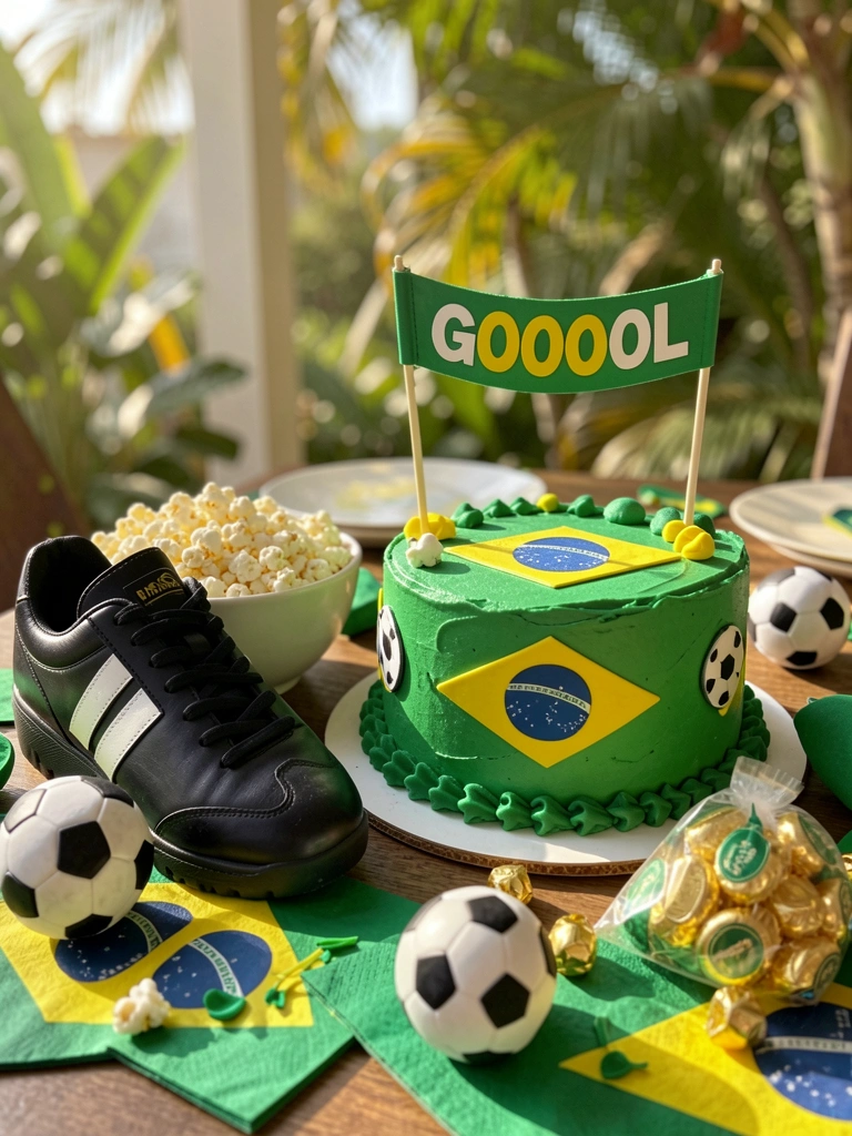 Bolo verde de futebol com banner 