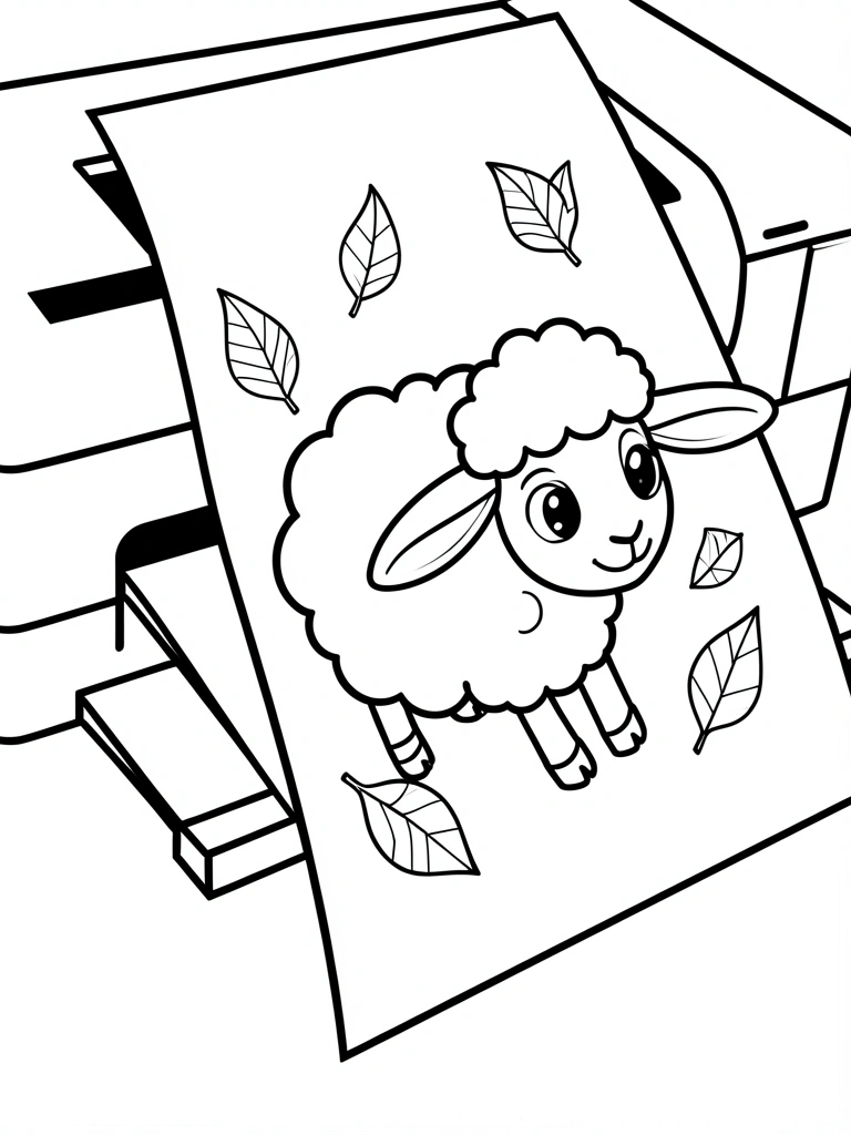 Folha de papel saindo de uma impressora com o desenho de uma ovelha.