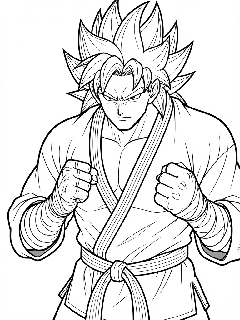 Desenho em preto e branco do Goku em pose de luta, com cabelo espetado e roupa de treino.