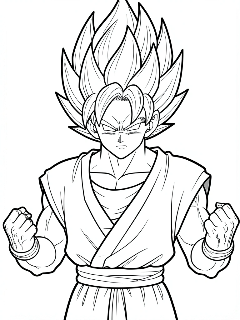 Contorno preto e branco do Goku em pose de luta, com cabelo espetado e roupa de treino, sobre fundo branco.