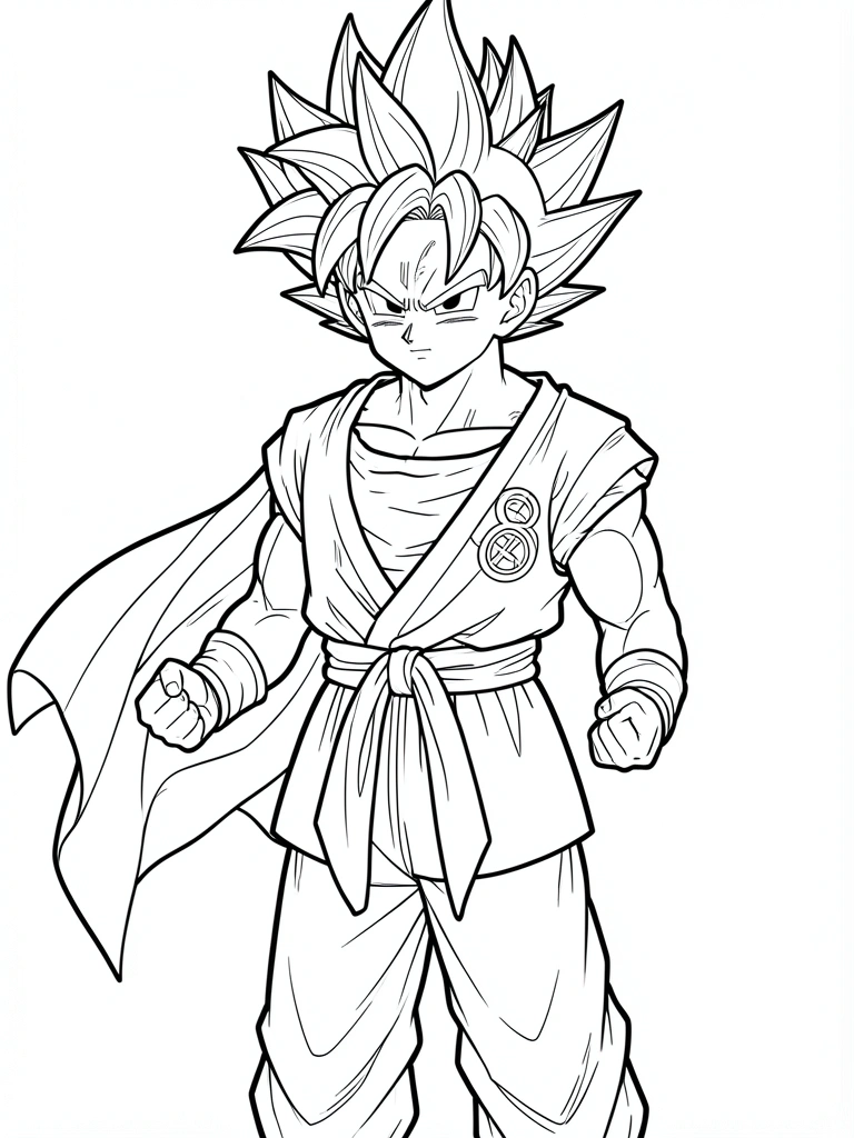 Desenho de Goku em preto e branco com cabelo espetado e expressão de luta, feito para colorir.