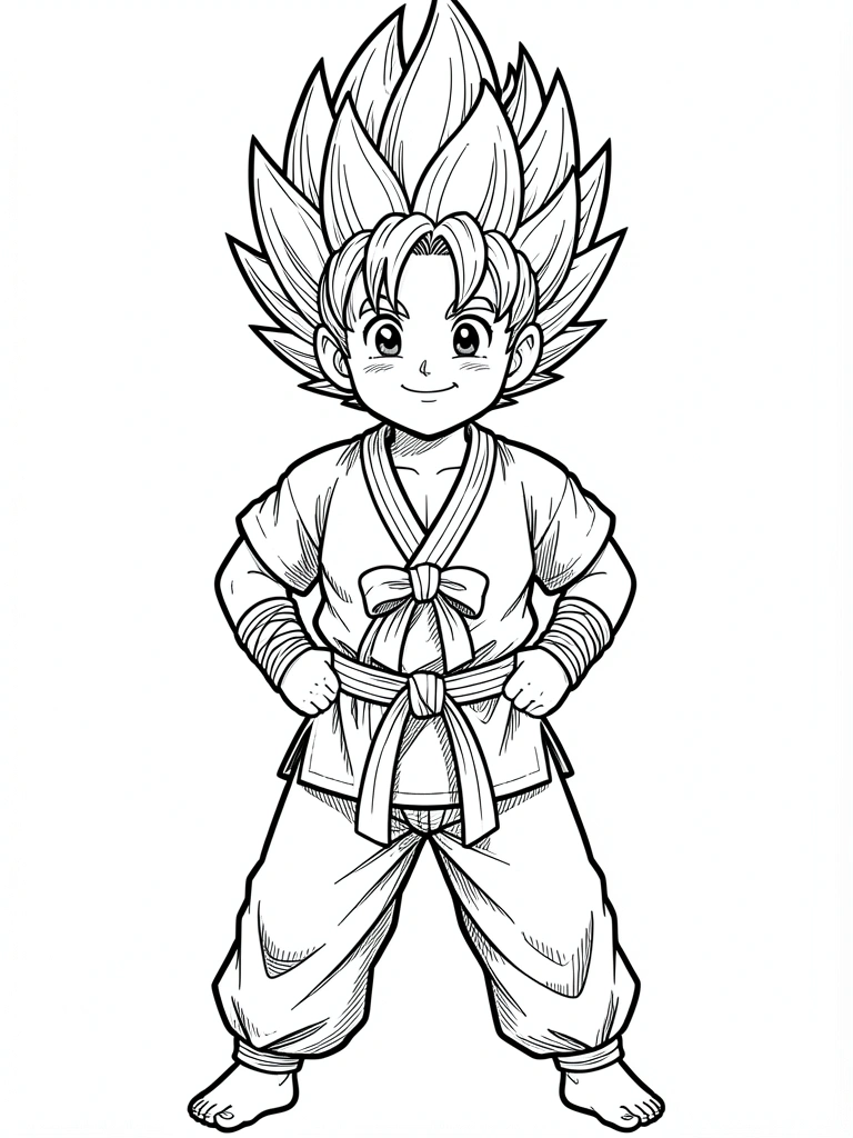 Desenho do Goku em preto e branco com cabelo espetado e roupa de treino, pronto para colorir.
