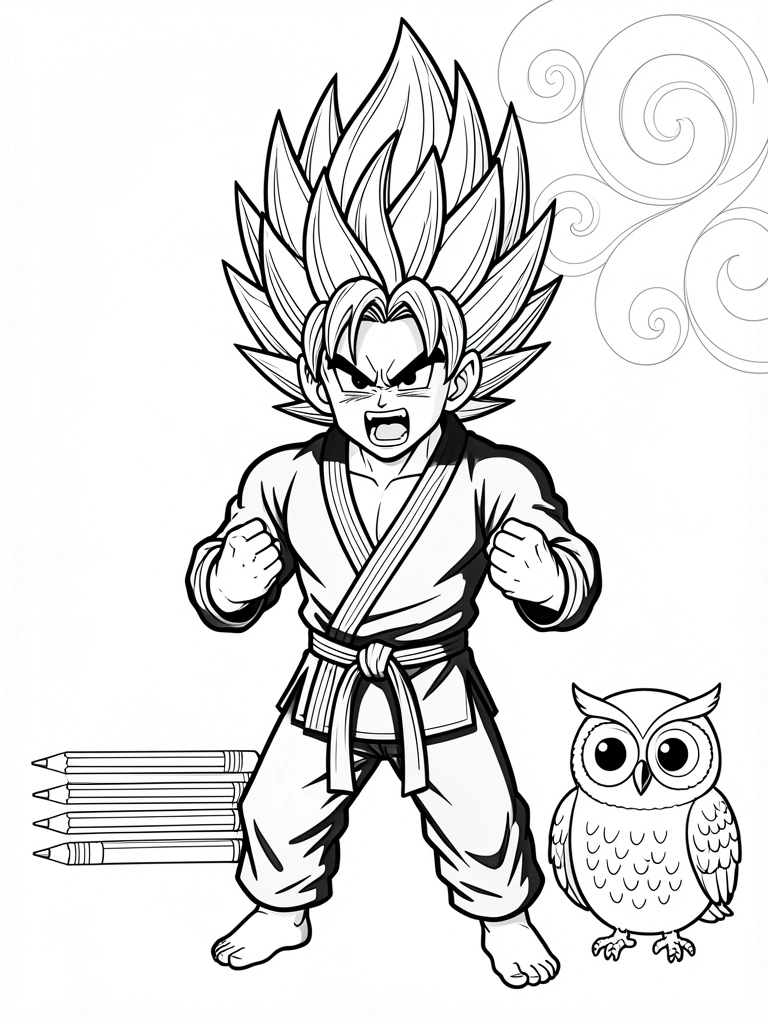 Ilustração em preto e branco do Goku em pose de luta, com cabelo espetado e roupa de artes marciais.