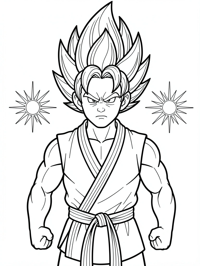 Desenho do Goku em preto e branco para colorir, com cabelo espetado e expressão de luta.