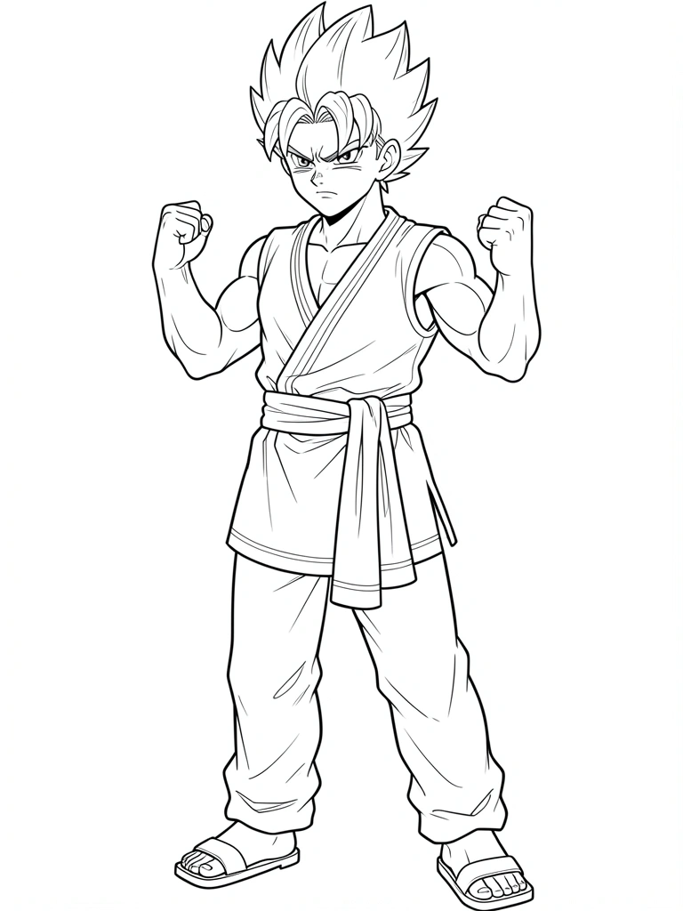 Desenho em preto e branco do Goku em pose de luta, com cabelo espetado e roupa de treino.