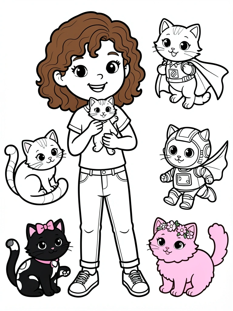 Menina de cabelo cacheado segurando gato de pelúcia ao lado de gatos cartunescos: um voando com capa, outro de robô, um preto com laço rosa e um rosa com coroa de flores.