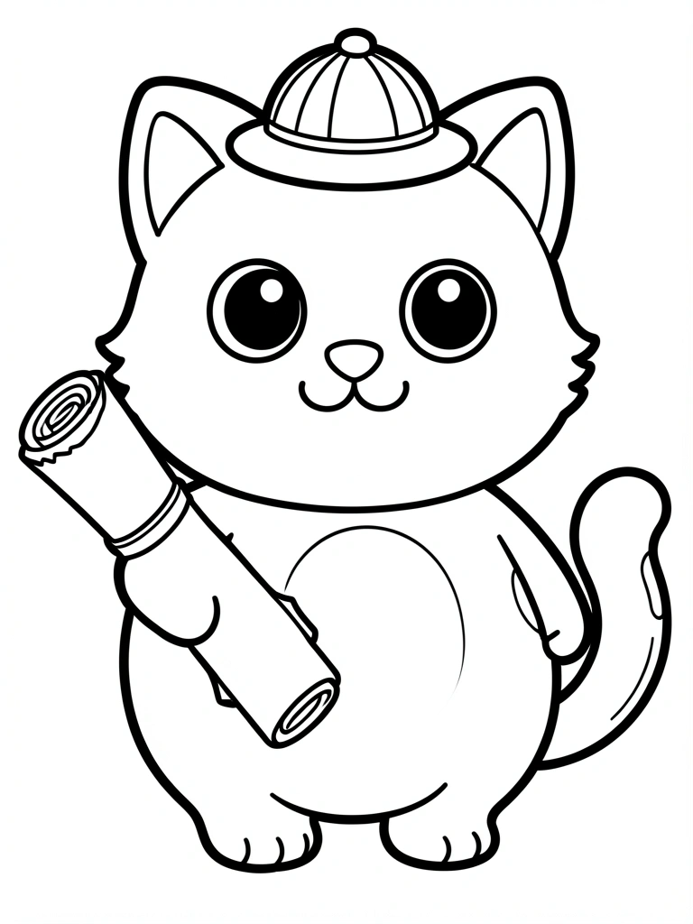Gato cartunesco gordinho com olhos grandes, chapéu listrado e jornal enrolado na pata, traço preto e branco limpo, fundo branco puro.