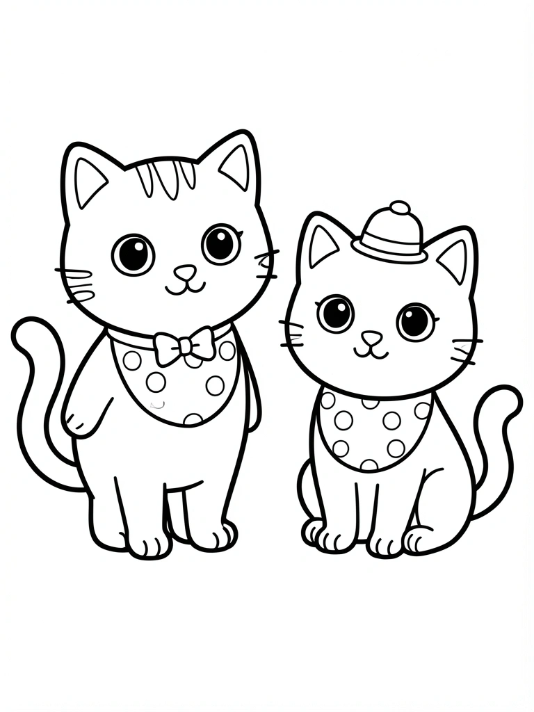 Linhas pretas finas em fundo branco, dois gatos cartoon usando babadores com círculos; um de pé com gravata borboleta, outro sentado com chapéu.