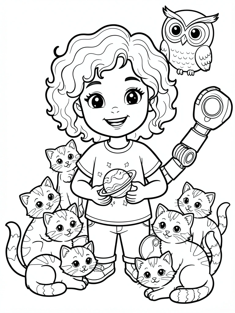 Menina de cabelo cacheado segurando planeta, cercada por gatinhos e um braço robótico, coruja ao fundo, arte linear preto e branco.
