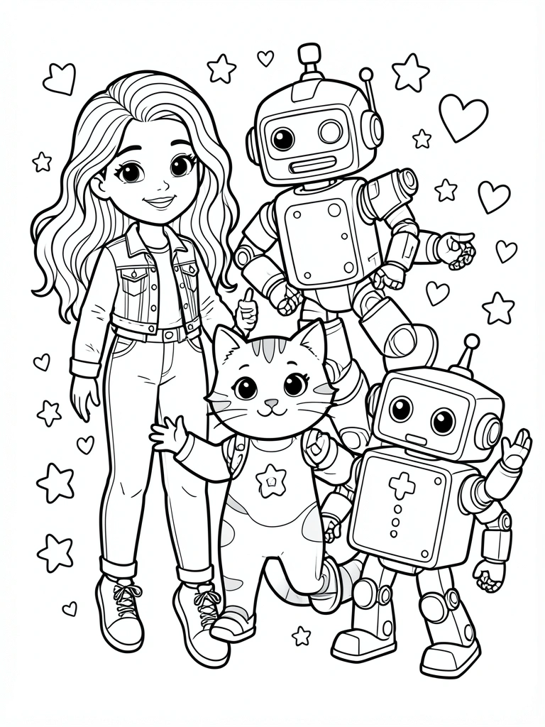 Grupo de personagens em preto e branco: menina de jaqueta jeans, robô, gato e robô quadrado, com estrelas e corações ao redor, fundo branco.