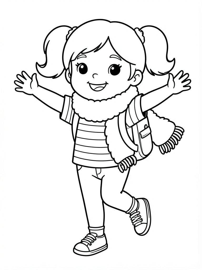 Menina alegre de tranças loiras, camiseta listrada e tênis dançando com braços abertos, cachecol fofo e mochila, desenho em linha preta e branca.