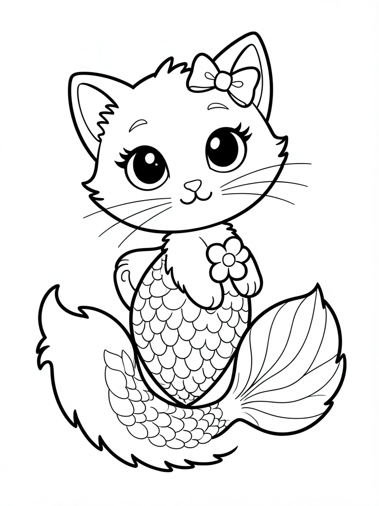 Gato sereia cartoon em preto e branco, olhos grandes, laço rosa, cauda escamada e flor no peito, fundo branco.