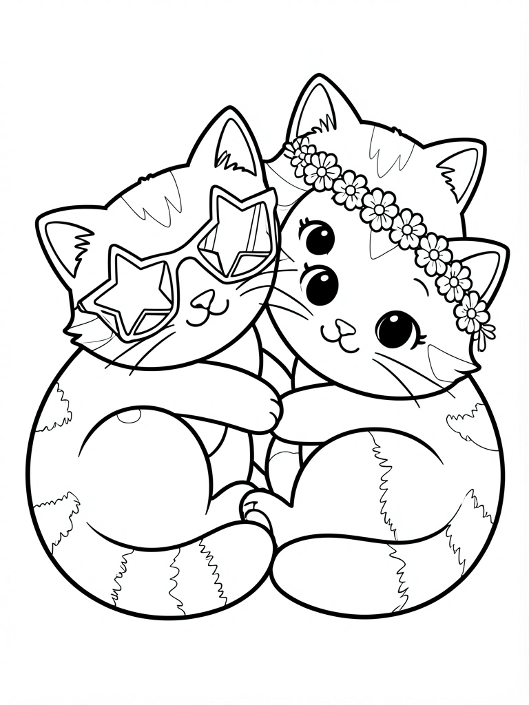 Três gatos cartunescos se abraçam em camadas, um com óculos estrela e outro com coroa de flores, traços pretos limpos em fundo branco.