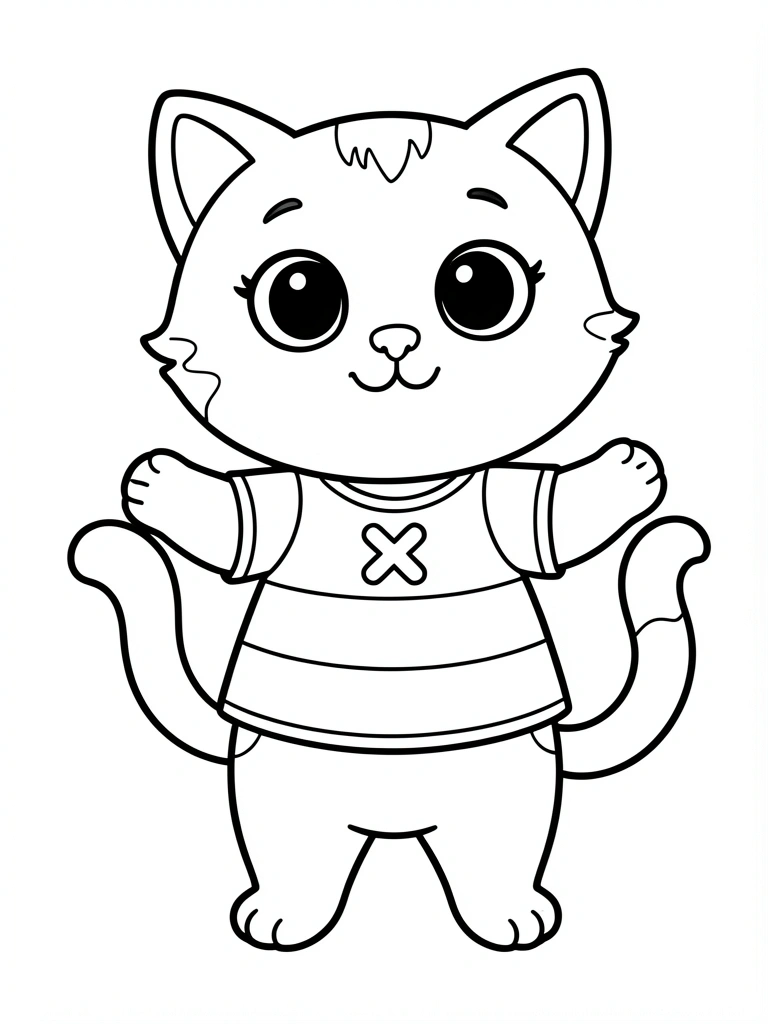 Gato cartunesco em preto e branco, listras na camisa, patas erguidas, rabo enrolado, olhos grandes e expressivos, fundo branco puro.