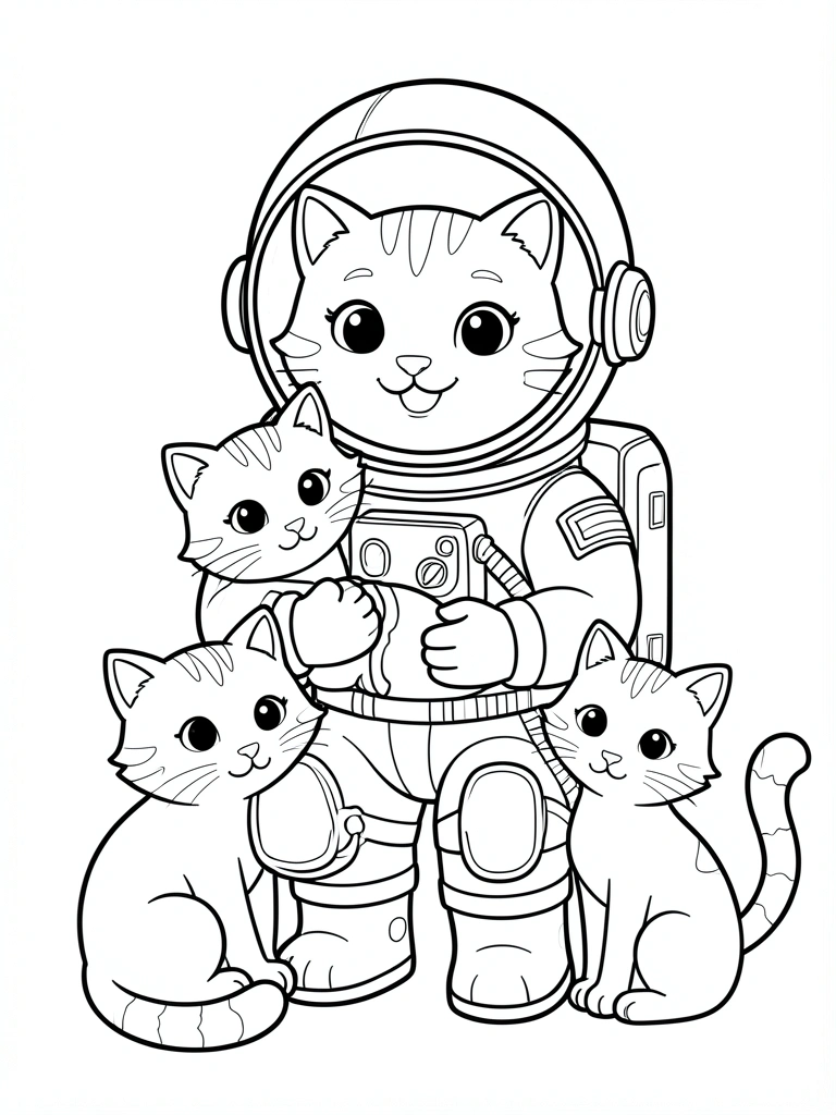 Gato astronauta de desenho animado em preto e branco, segurando um gato menor, com outros dois gatos ao redor, traços limpos e fundo branco.