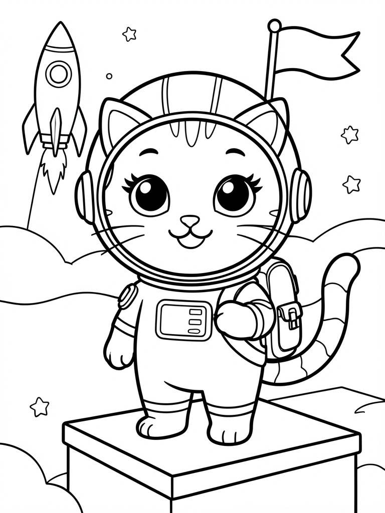 Gato astronauta de desenho animado com capacete e mochila, bandeira na mão, foguete ao fundo, traços pretos em branco.