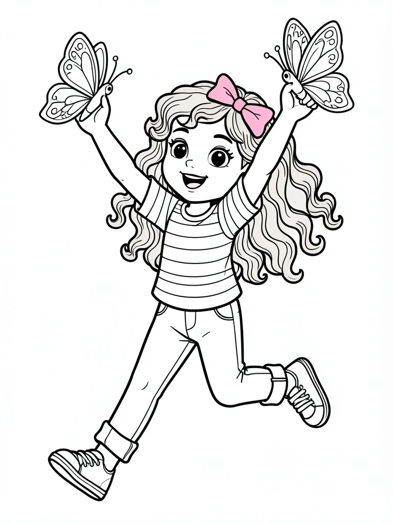 Menina de cabelo cacheado com laço rosa, camiseta listrada e tênis, pulando com uma borboleta na mão, traços pretos em fundo branco.