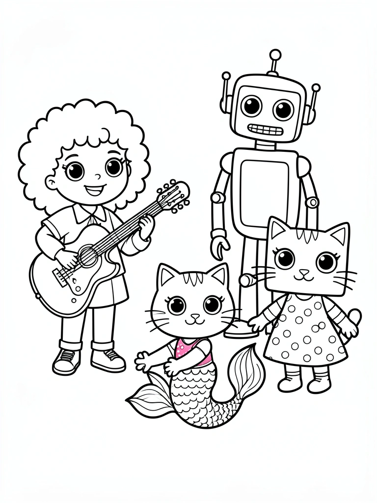 Garota de cabelo cacheado tocando violão, robô alto, gato com cauda de sereia e gato quadrado de vestido bolinhas, todos com olhos grandes.