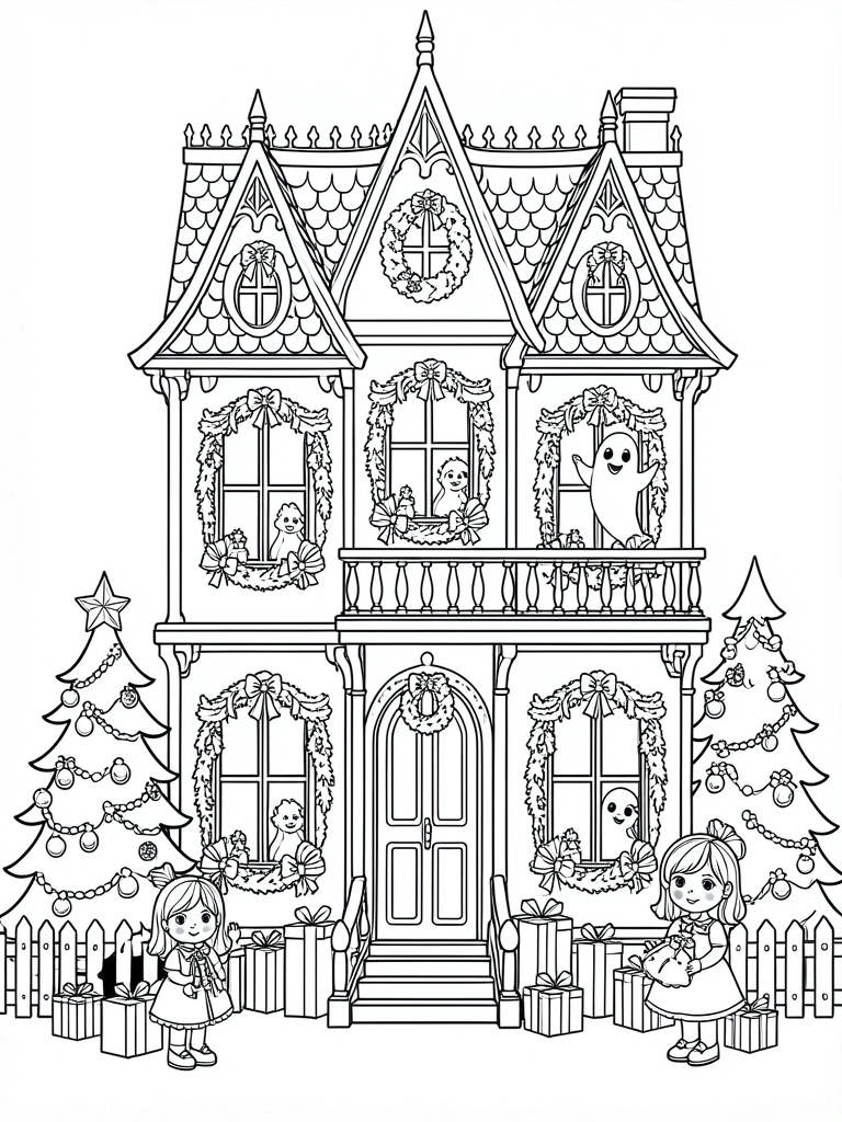 Casa vitoriana em preto e branco com árvore de Natal, menina com boneca e fantasma na janela, linhas limpas.