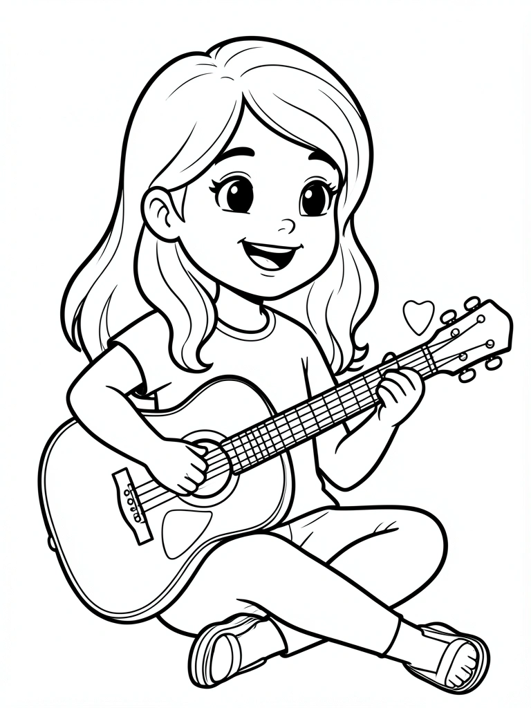 Menina com cabelo cacheado e sorriso largo segurando violão acústico, linhas pretas grossas sobre fundo branco, estilo de livro de colorir.