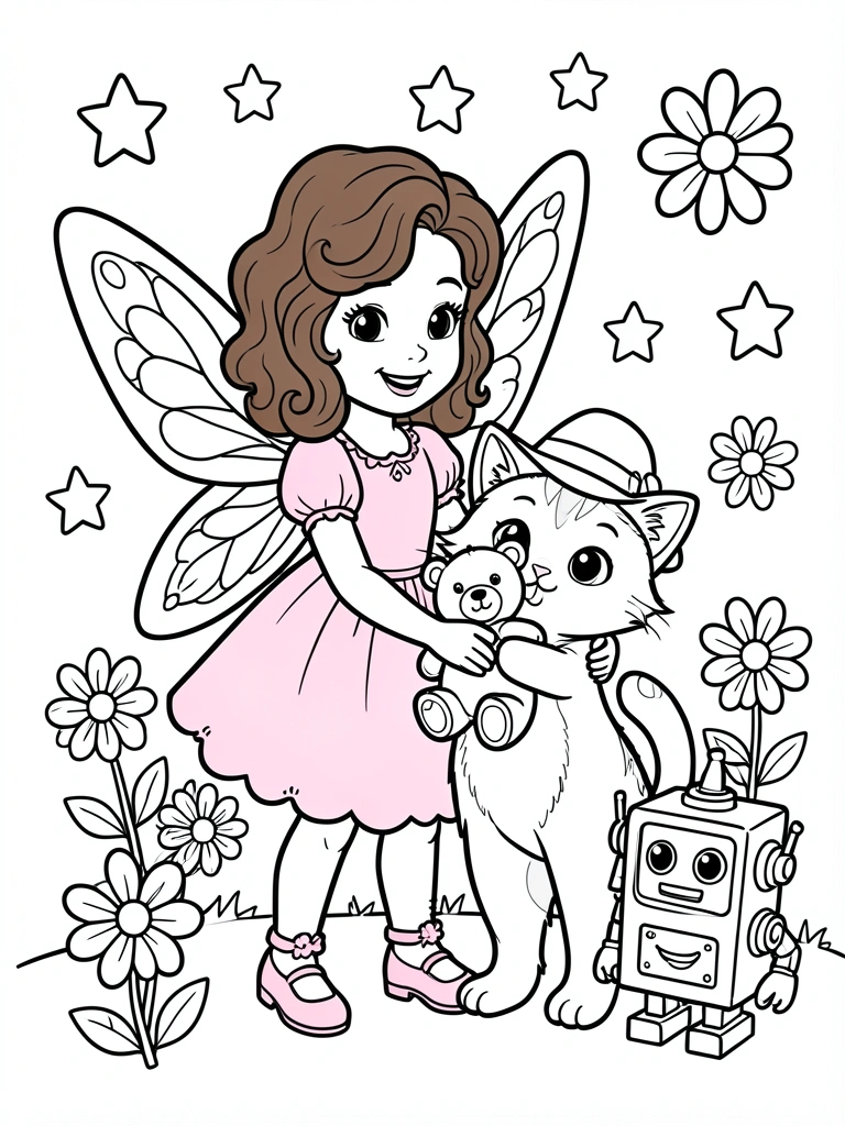 Menina fada com cabelo cacheado e vestido rosa segurando urso de pelúcia ao lado de gato de chapéu, com flores, estrelas e robô quadrado sorridente, linhas pretas grossas em fundo branco.