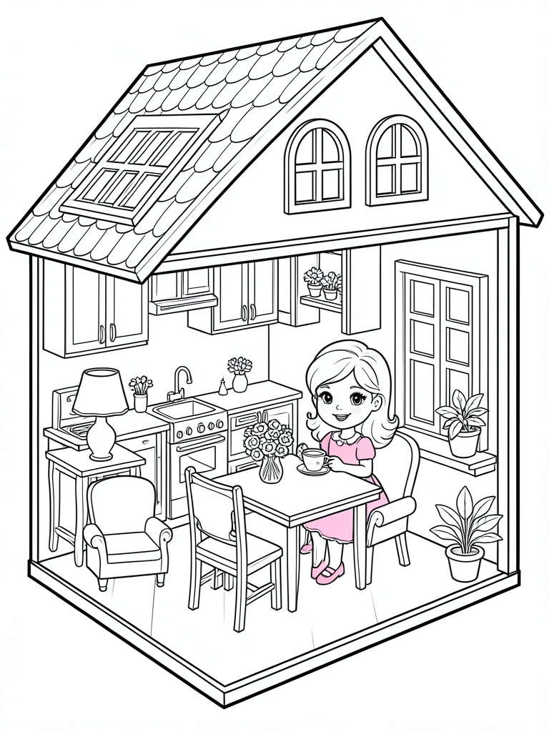 Cozinha de casa de bonecas com menina loira de vestido rosa sentada à mesa, segurando buquê e xícara, armários e pia ao fundo, traços pretos sobre fundo branco.