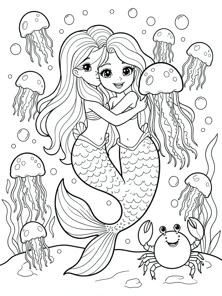 Sereia menina com cauda brilhante abraça água-viva, caranguejo sorridente e bolhas em estilo de livro de colorir, linhas pretas e brancas.