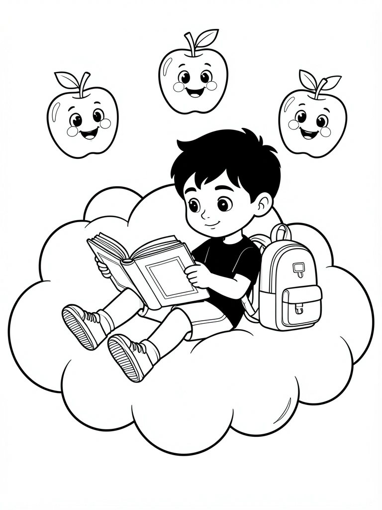 Menino deitado em nuvem grande, lendo livro, com mochila e maçãs flutuantes, em arte de linha preta e branca.