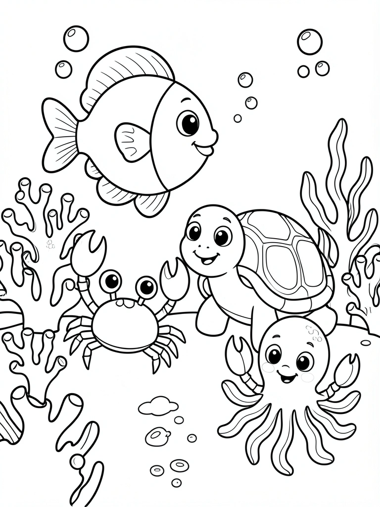 Arte em preto e branco: peixe estilizado, tartaruga sorridente, caranguejo e polvo entre corais e algas marinhas.
