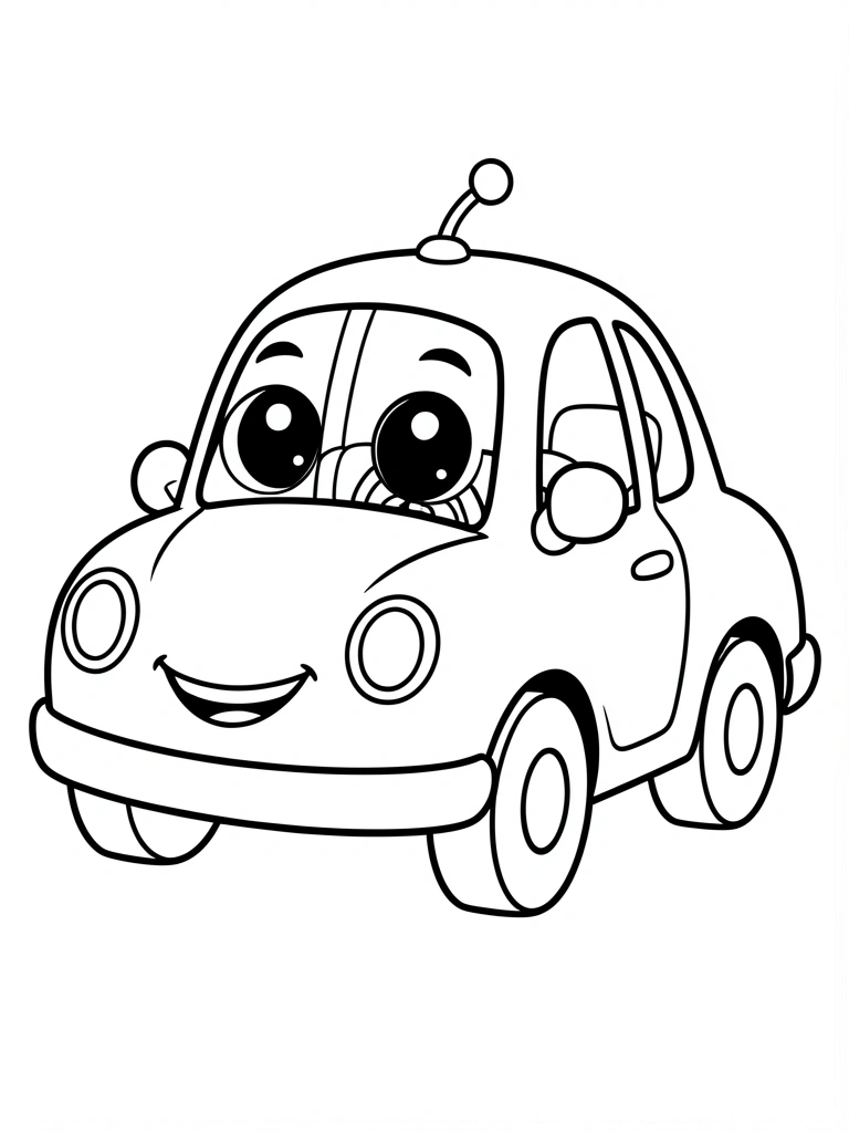 Carro cartoon sorridente com olhos grandes, antena, volante e rodas redondas em estilo de contorno preto e branco para colorir.