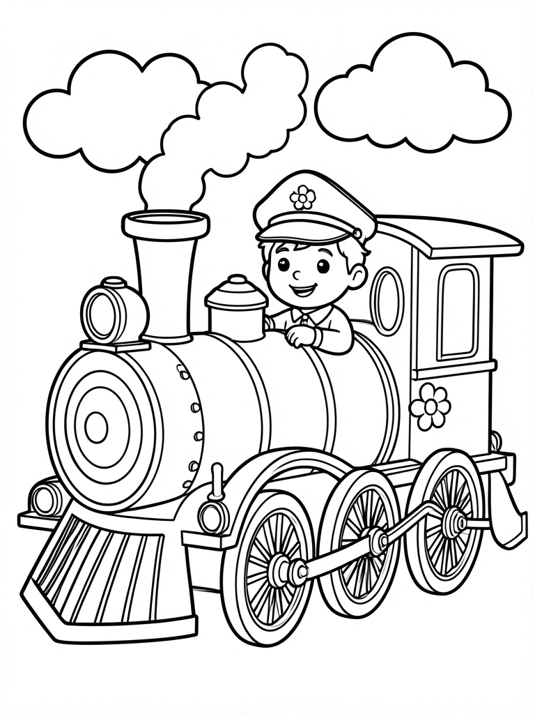 Desenho em preto e branco de trem a vapor vintage com menino sorrindo dentro, nuvens fofas acima, fundo branco.