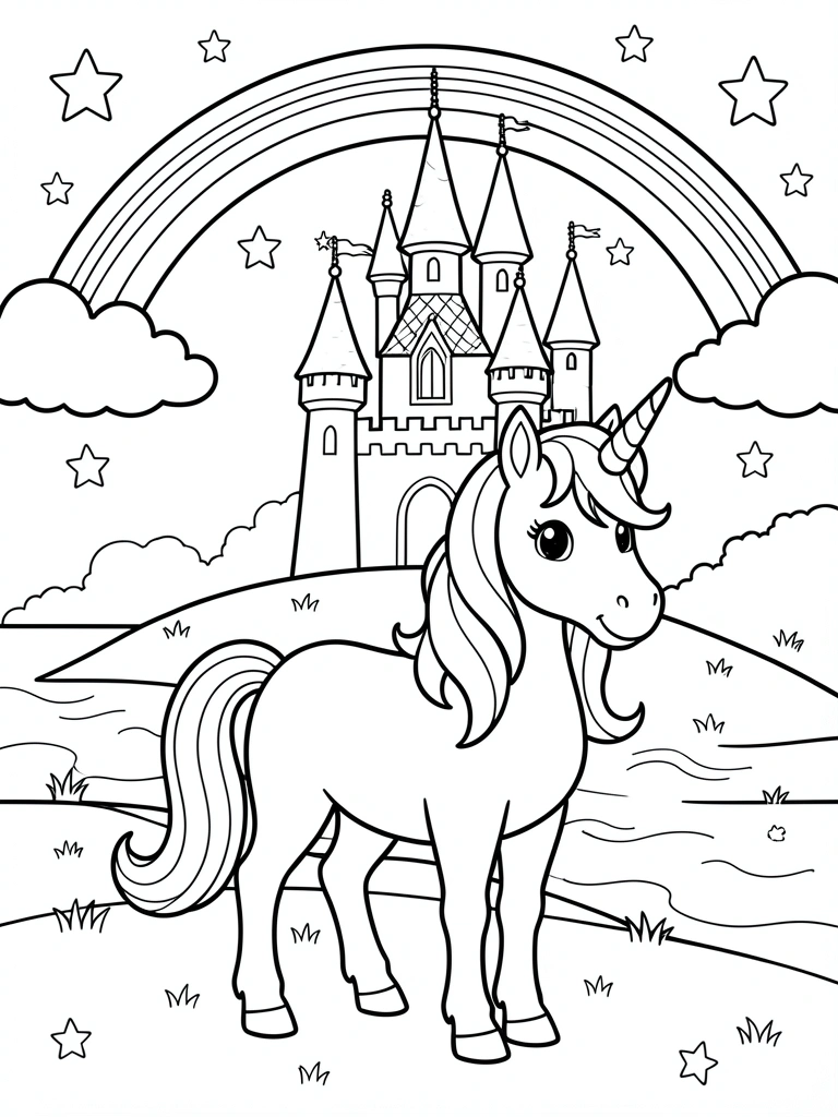Unicórnio amigável com crina e cauda fluídas diante de castelo com torres e arco-íris, estrelas espalhadas, linha preta sobre fundo branco.