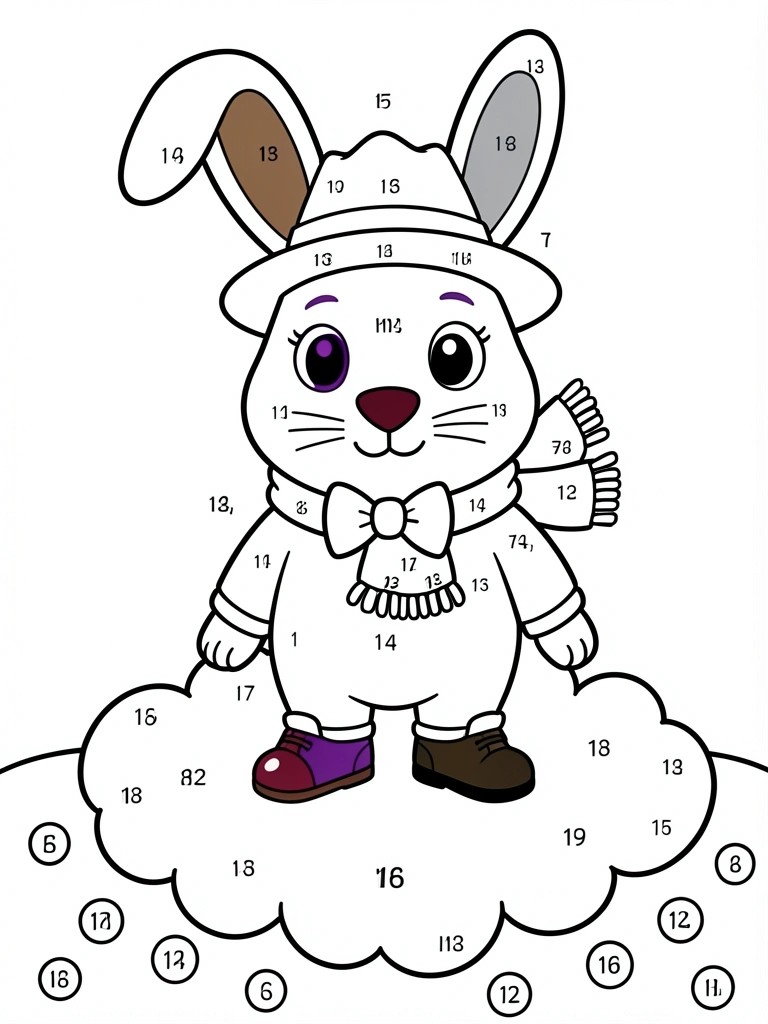 Coelho cartum em preto e branco com chapéu, cachecol e gravata borboleta, sobre nuvem com seções numeradas para colorir, fundo branco.