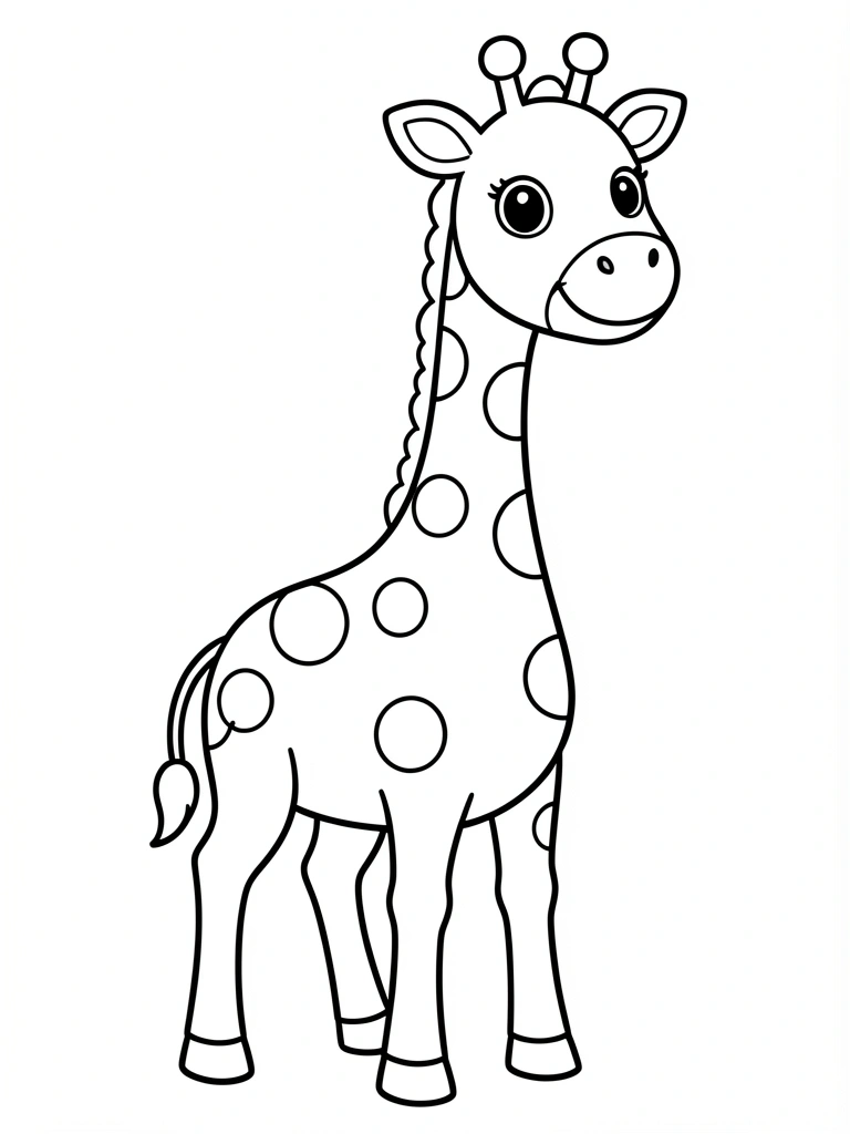 Desenho em preto e branco de girafa com pescoço longo, pernas finas, olhos grandes e manchas circulares, fundo branco puro.