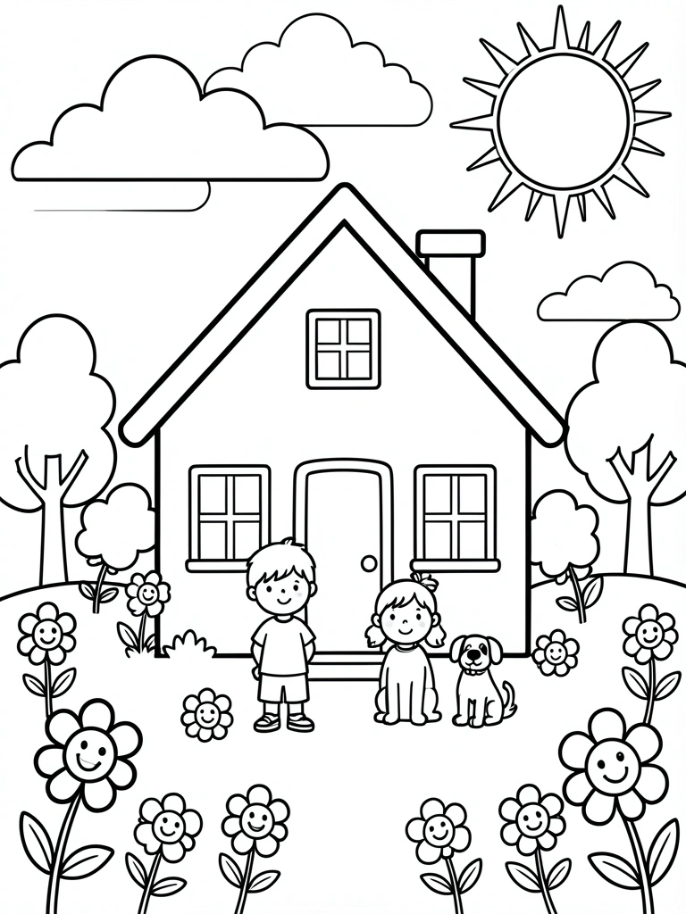 Casa de telhado inclinado com menino, menina e cachorro sentado; sol com raios no canto superior direito, flores sorridentes e nuvens estilizadas em preto e branco.
