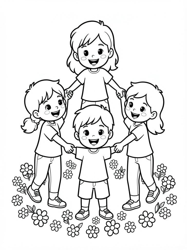 Quatro crianças de mãos dadas em círculo, uma em pé sobre as outras, flores na base, traços pretos em fundo branco.
