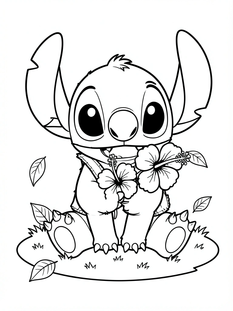 Stitch sorrindo sentado na grama segurando flor de hibisco, orelhas caídas e olhos grandes, linhas pretas, fundo branco.