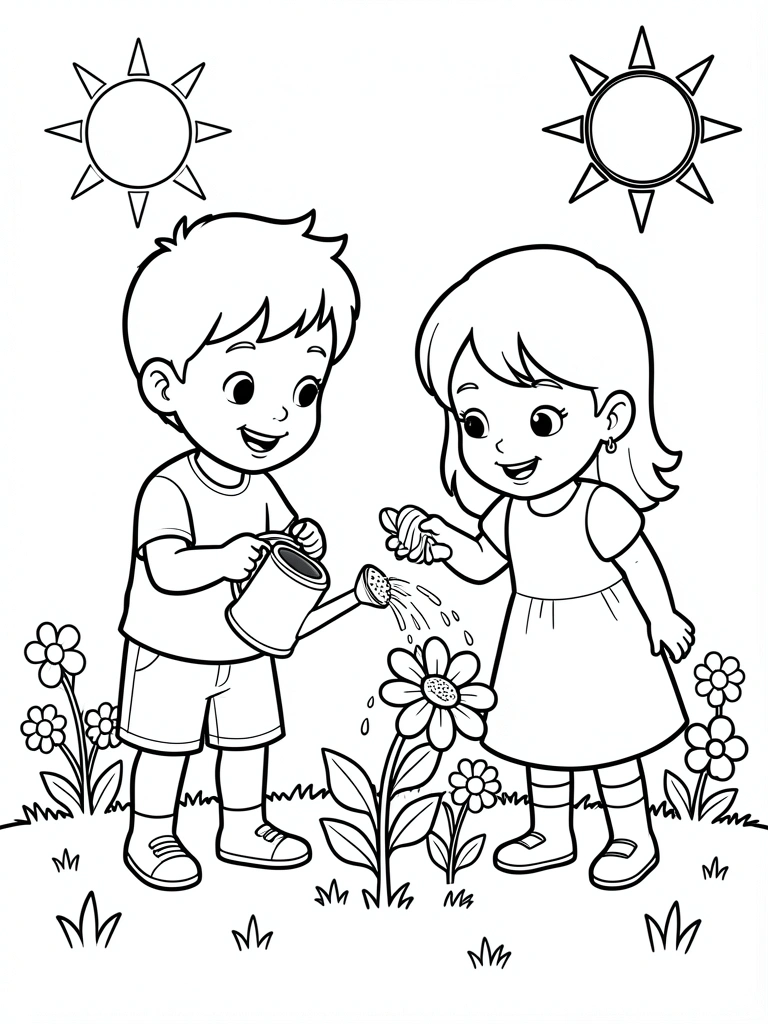 Desenho em preto e branco de um menino e uma menina regando uma flor grande em um jardim, com sol e pequenas flores ao redor, fundo branco puro.