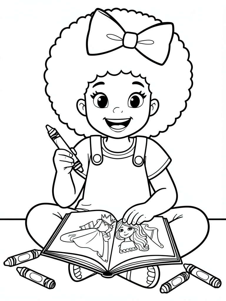Menina sorrindo enquanto colori um desenho de princesa com lápis de cor.