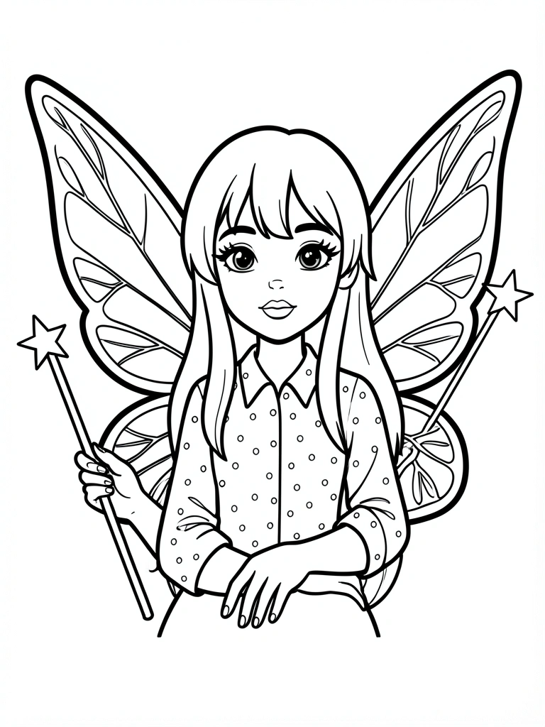 Fada com asas e varinha mágica em desenho preto e branco, traços finos e detalhados.