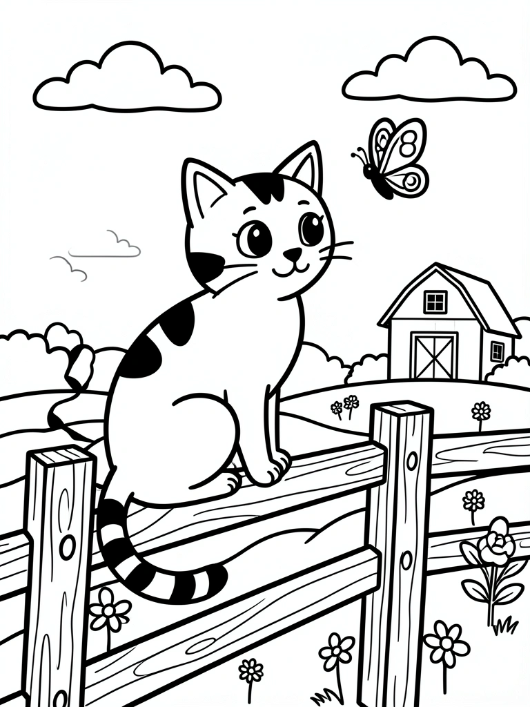 Gato sentado observando uma borboleta, com contornos grossos para colorir.