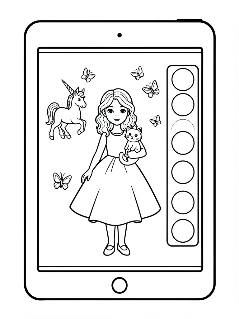 Tablet exibindo aplicativo com paleta de cores e desenho de princesa para colorir.