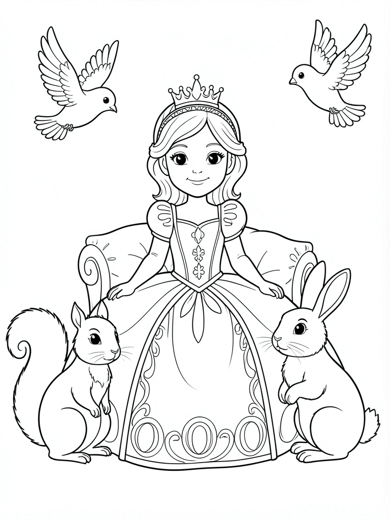 Impressora doméstica sobre uma mesa, imprimindo uma folha com desenho de princesa para colorir.
