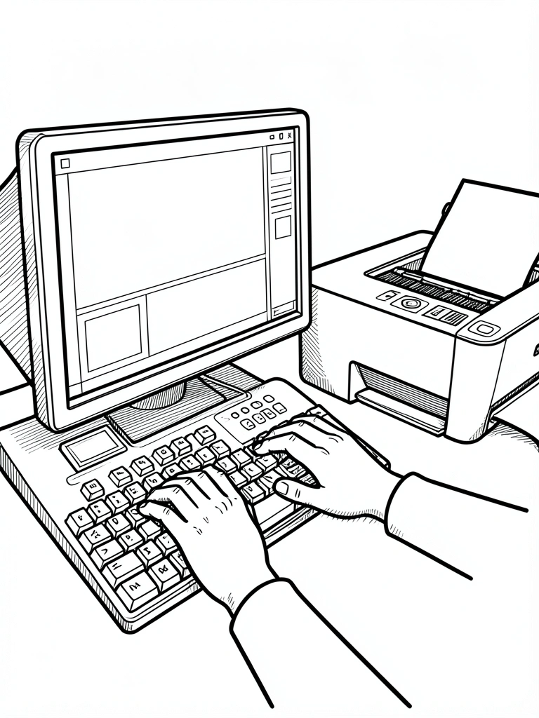 Mãos ajustando configurações de impressão em um computador, com tela exibindo opções de impressão.