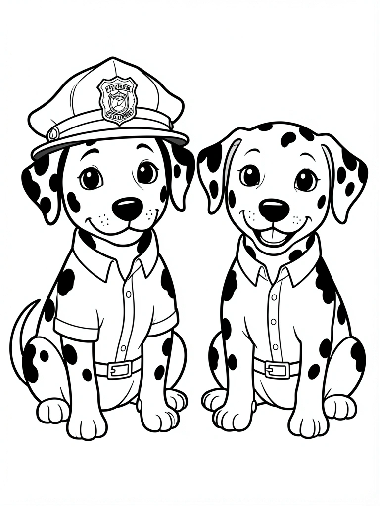 Dois filhotes de dálmata sentados, um com capacete policial e outro sorrindo, em estilo de livro de colorir preto e branco.