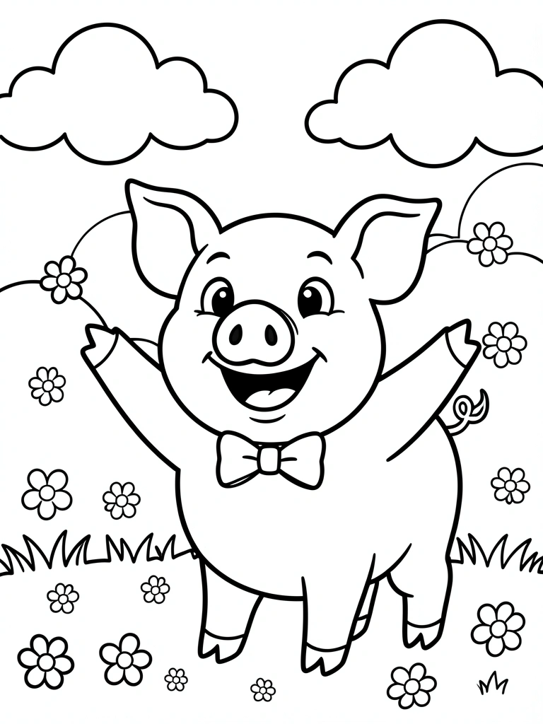 Porco sorridente de laço na frente de nuvens fofas e grama, arte linear preto e branco.