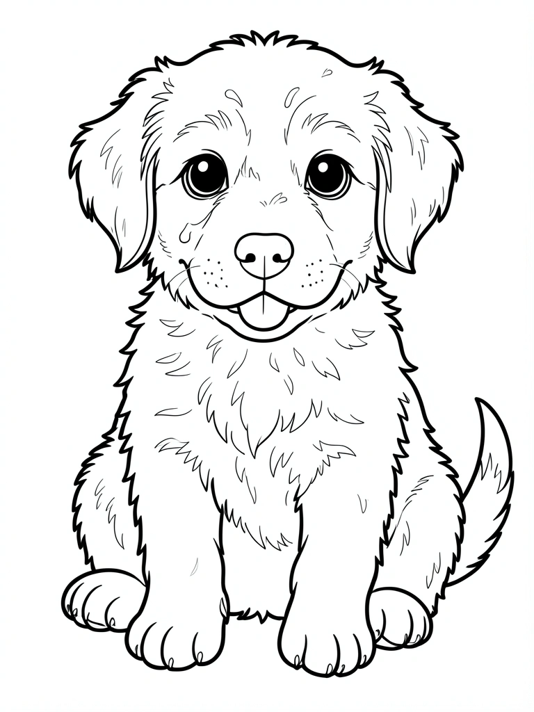 Cachorro fofo sentado com olhos grandes, língua de fora e orelhas caídas, traços pretos em branco, estilo de livro de colorir.