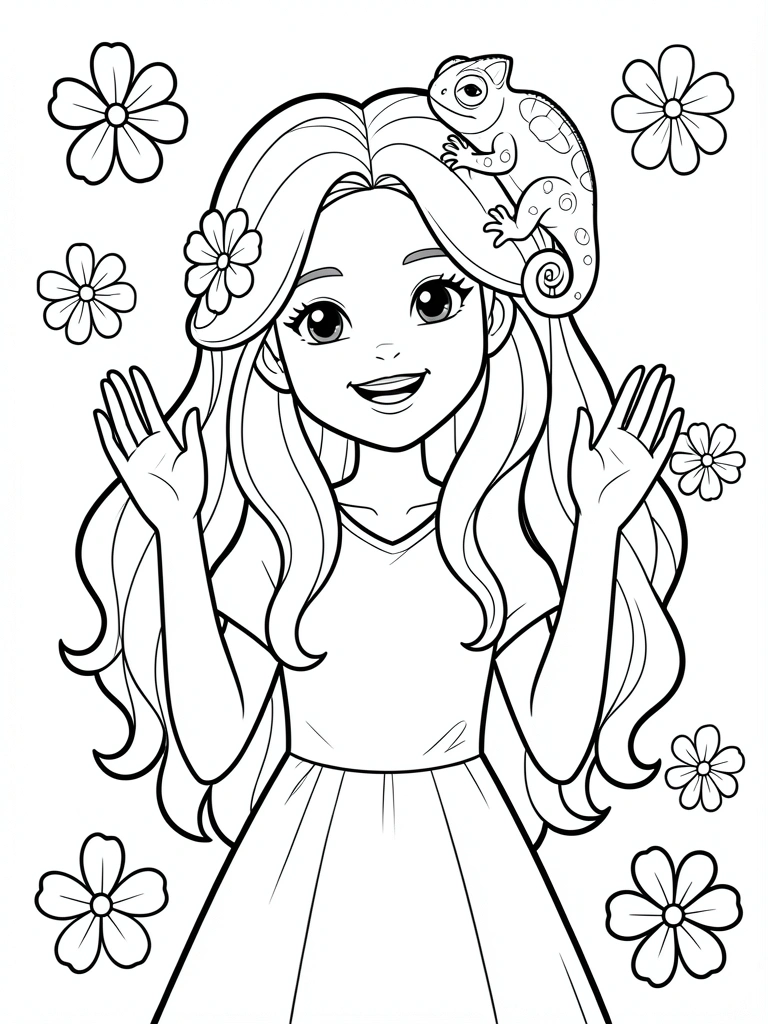 Desenho em preto e branco de mulher sorrindo com cabelo florido, camaleão no cabelo e flores ao redor, fundo branco.