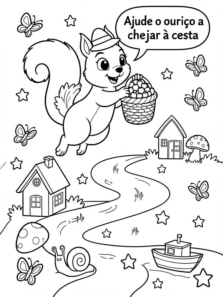 Esquilo sorridente de chapéu saltando com cesta de frutas, caminho com casa, cogumelo, caracol, barco e estrela, borboletas e balão de fala.